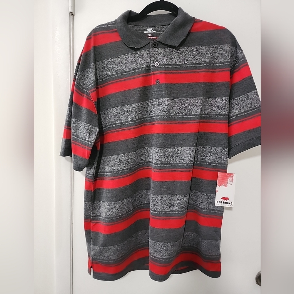 Men's Gray and Red Striped Polo Shirt